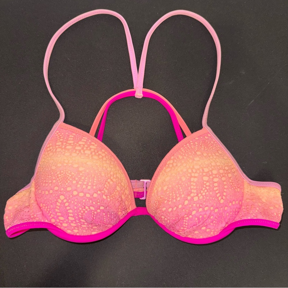 Victoria's Secret 34A Bikini Top Orange Pink Lilac Crochet Lace Warm Ombré